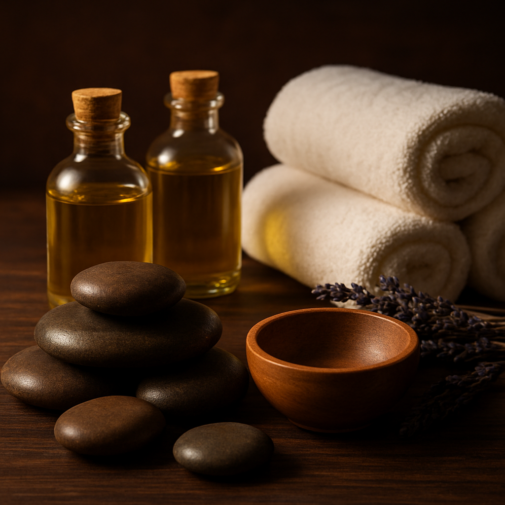 Professional massage therapy oils, towels and river stones arranged on timber surface