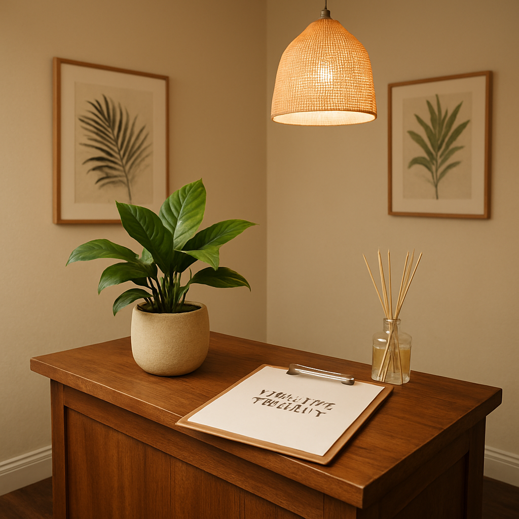 Welcoming massage therapy reception with timber desk, tropical plant and warm ambient lighting