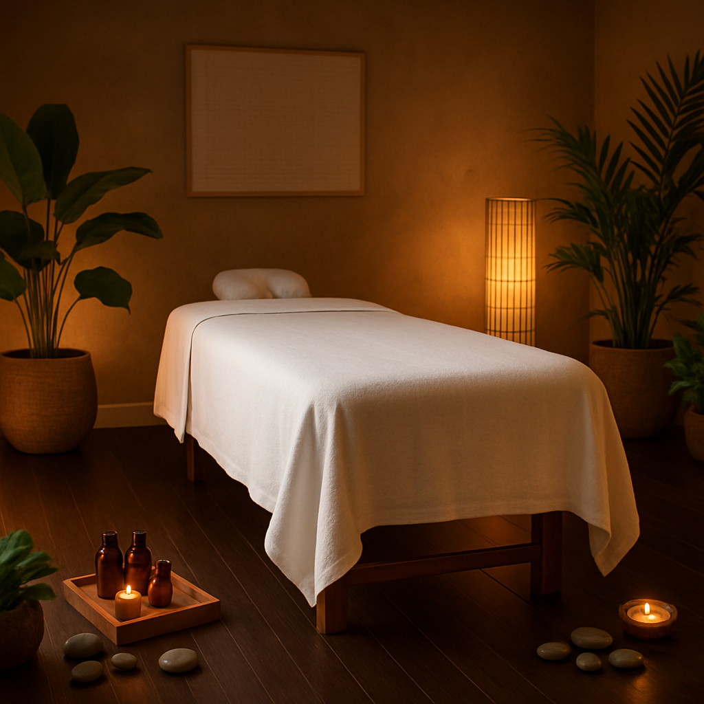 Serene massage therapy treatment room with white linen table, natural lighting and tropical plants