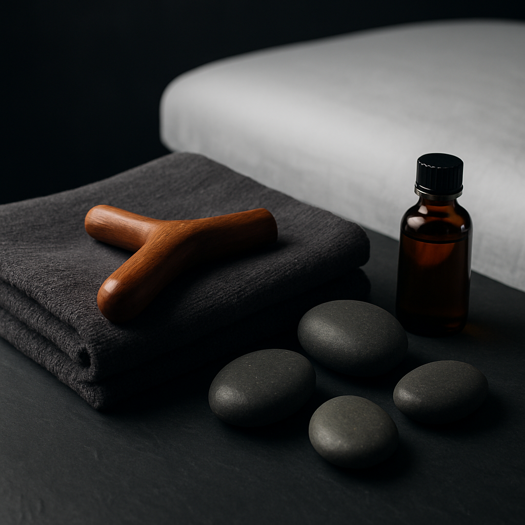 Deep tissue massage tools — massage wand, river stones and essential oil bottle on slate