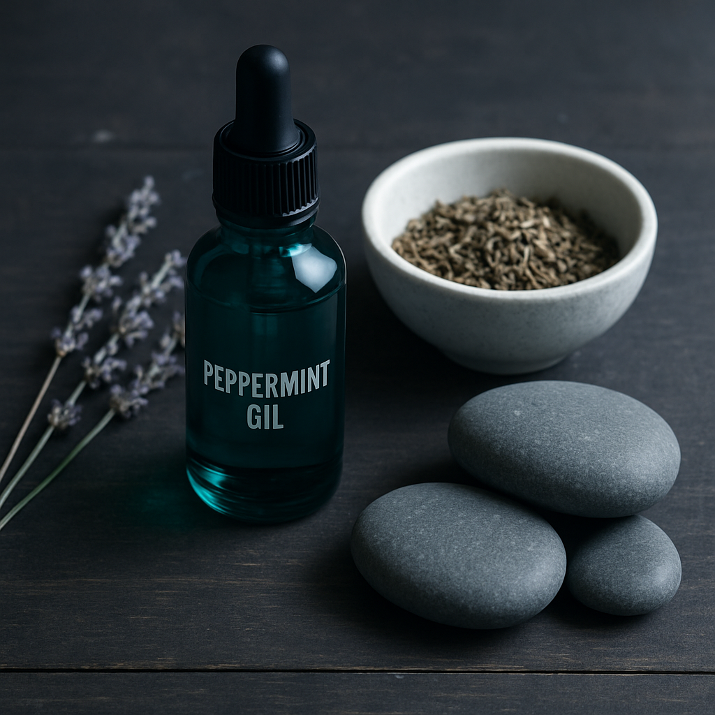 Peppermint oil and lavender sprigs for migraine and headache relief massage