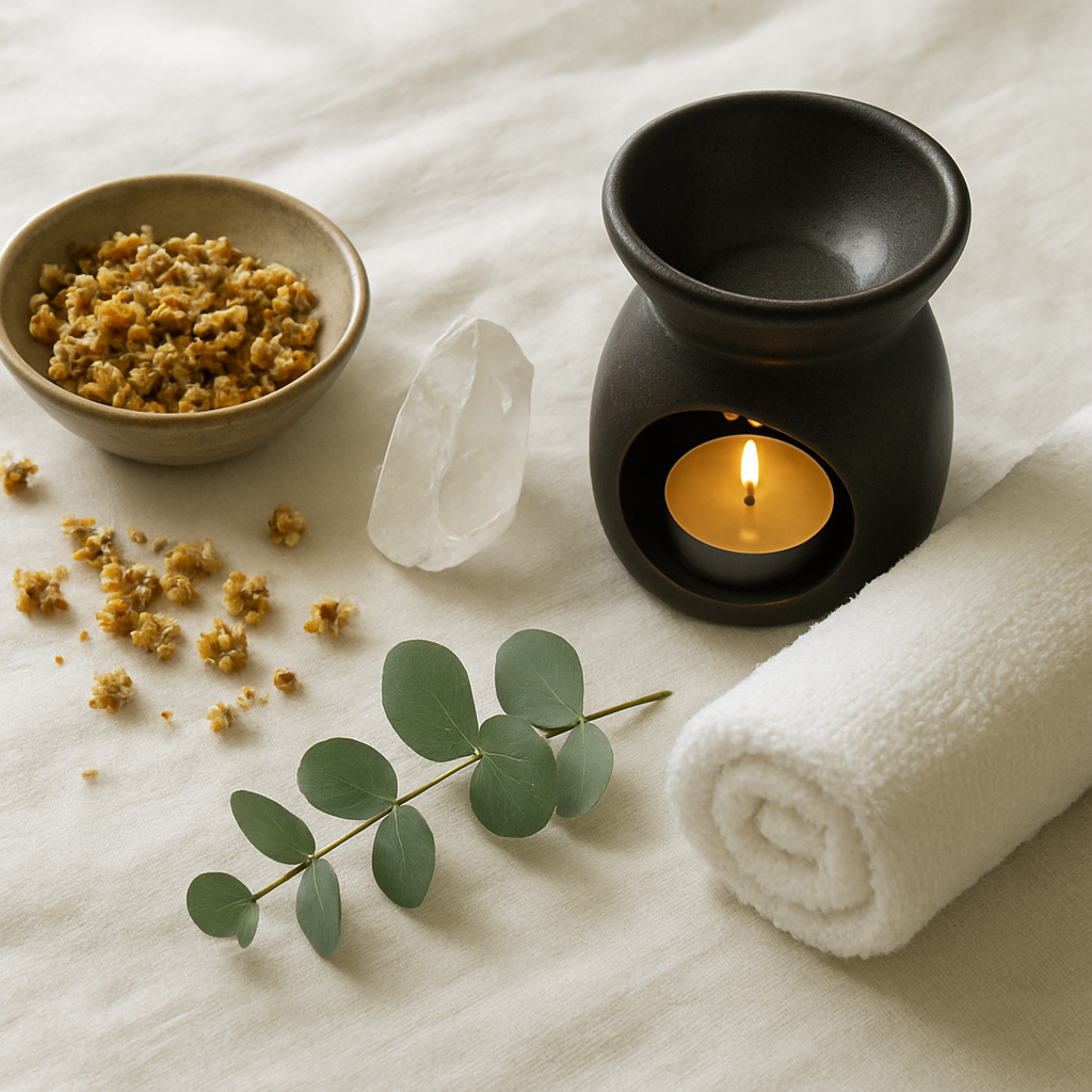 Chamomile flowers, candle and essential oil elements for relaxation massage