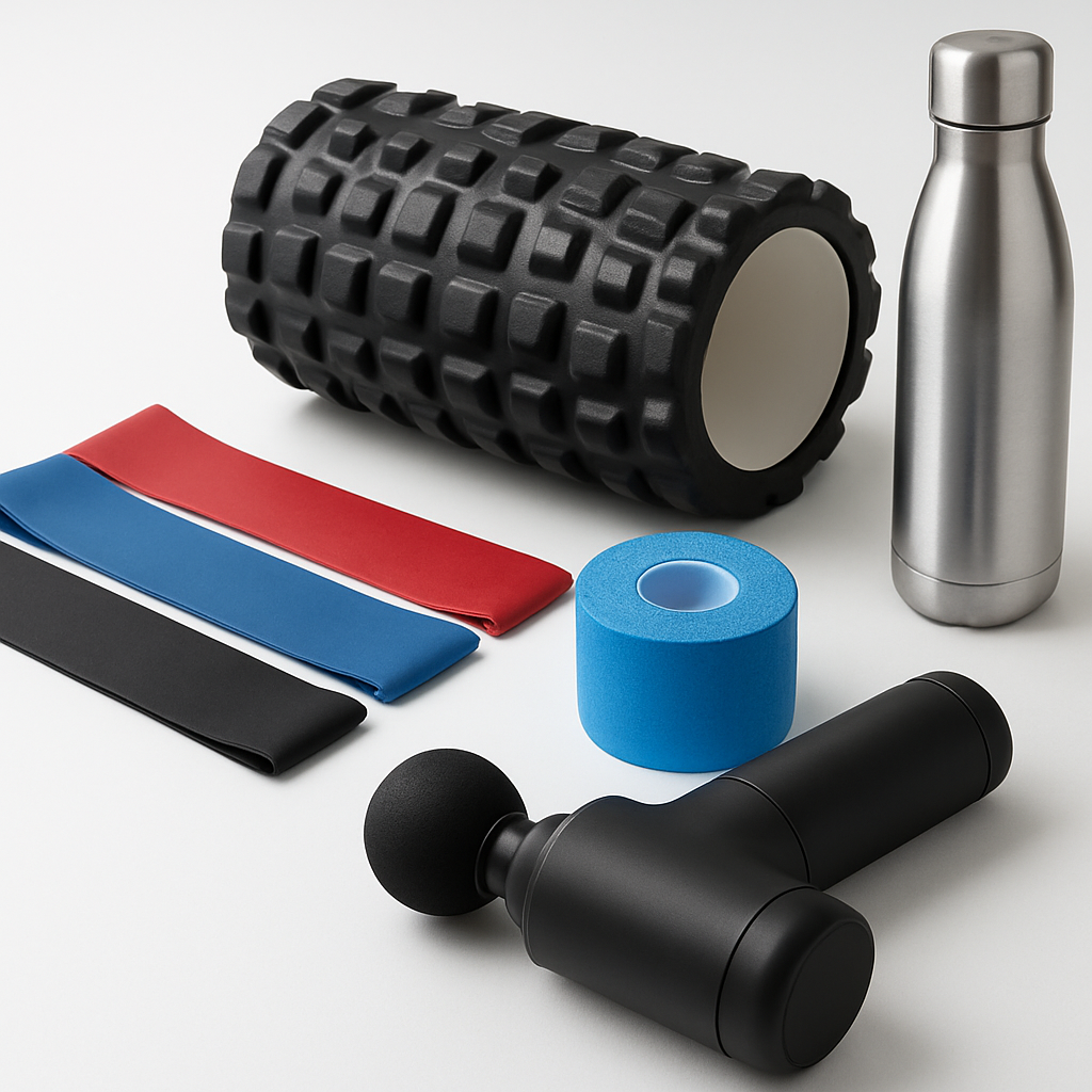 Sports massage therapy tools — foam roller, kinesiology tape and resistance bands